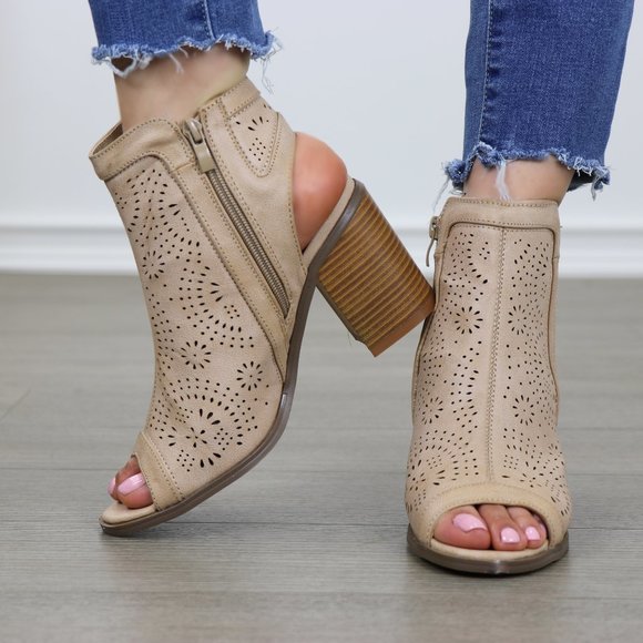 Taupe Peep Toe Heel Sandal Bootie Laser Cut Design - Picture 3 of 8